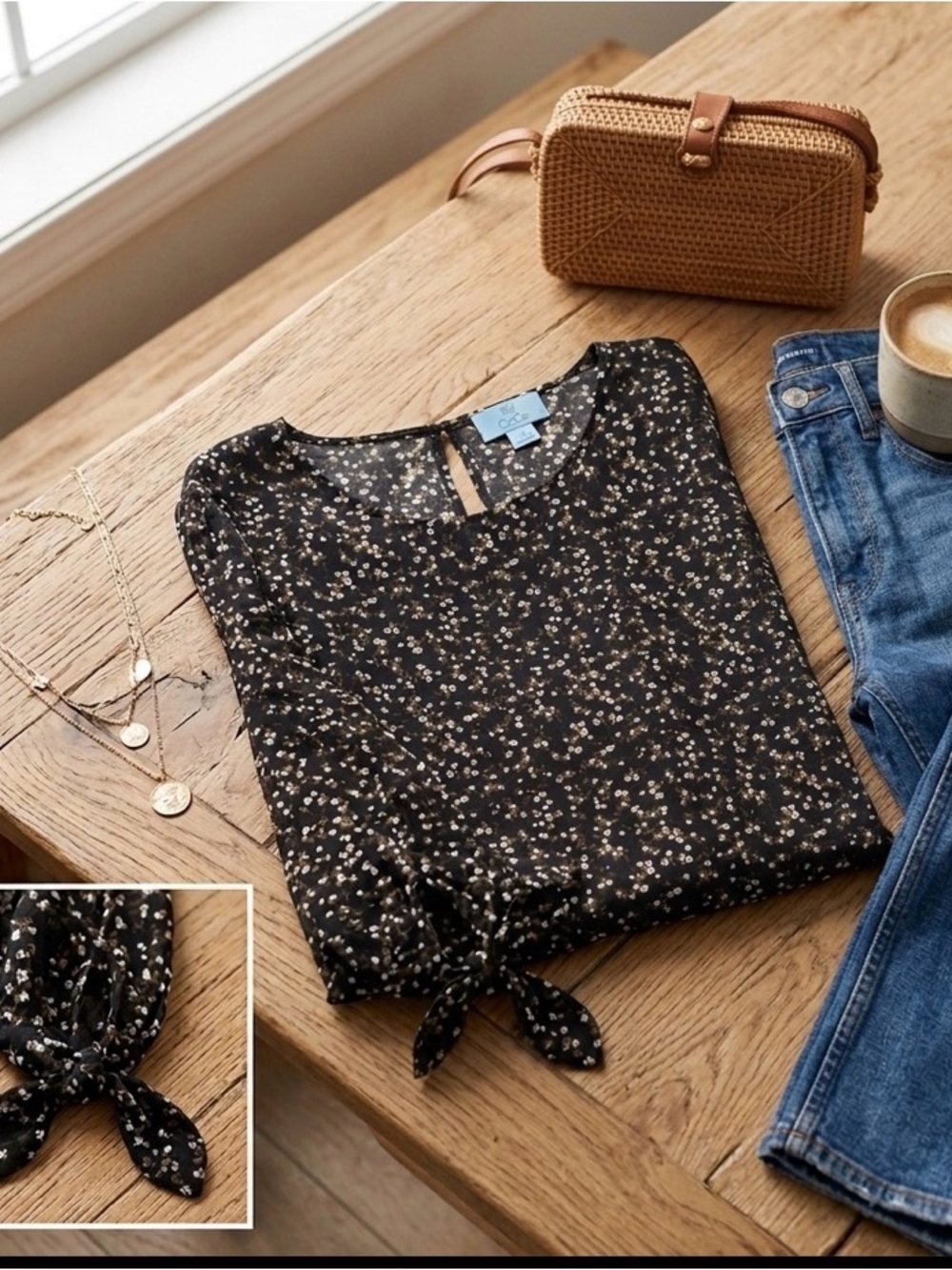 CeCe Black and White Floral Blouse